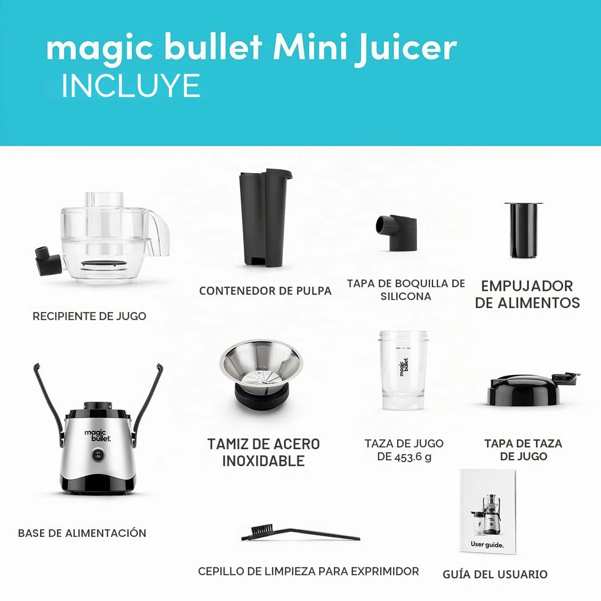 Nutribullet Magic Bullet Exprimidor centrífugo de silicona y acero inoxidable, 400 W, juego de 10 piezas, 470 ml, color negro, diseño compacto y apto para lavavajillas, jugo sobre la marcha en dos