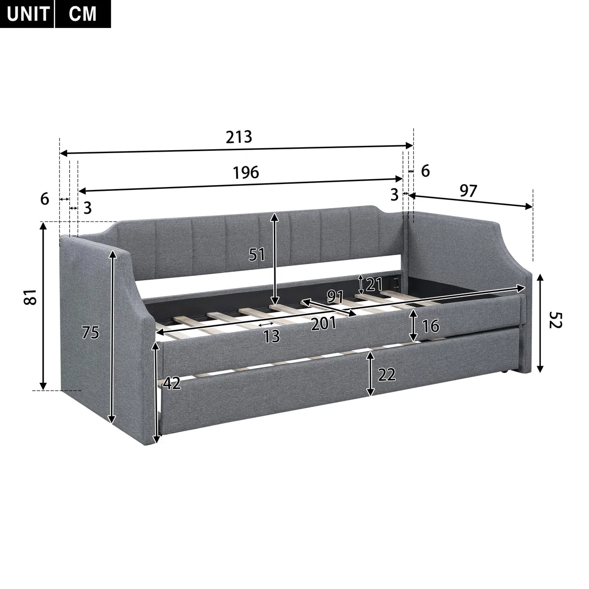 Azkoeesy Sofá Cama tapizado con Cama Nido, 90x200 cm, Cama Doble, Cama de Invitados, para niño y Adulto, máx. 120 kg, Funda de Lino, Color Gris (sin colchón)