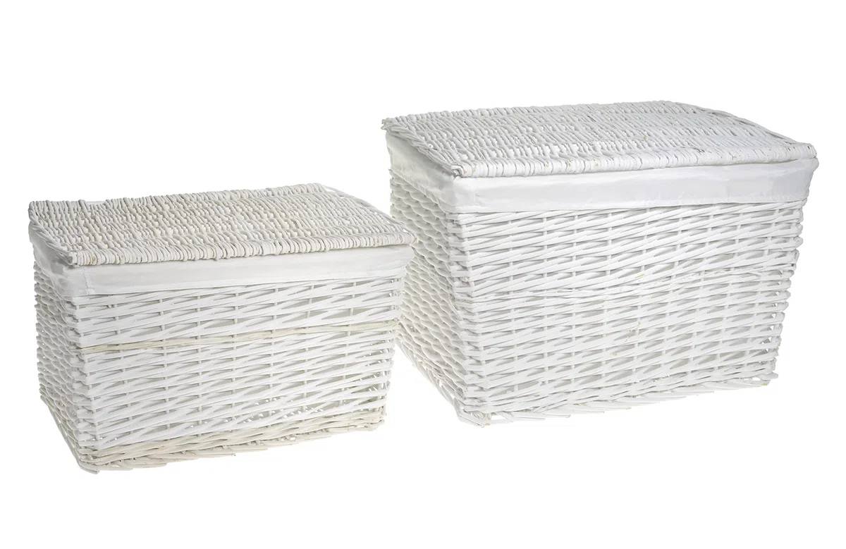 HERSIG - Set 2 Baules Mimbre Natural | Cestas Grandes Rectangulares con Tapa y Forro - 58 x 38 x 38 cm / 50 x 32 x 32 cm - Color Blanco