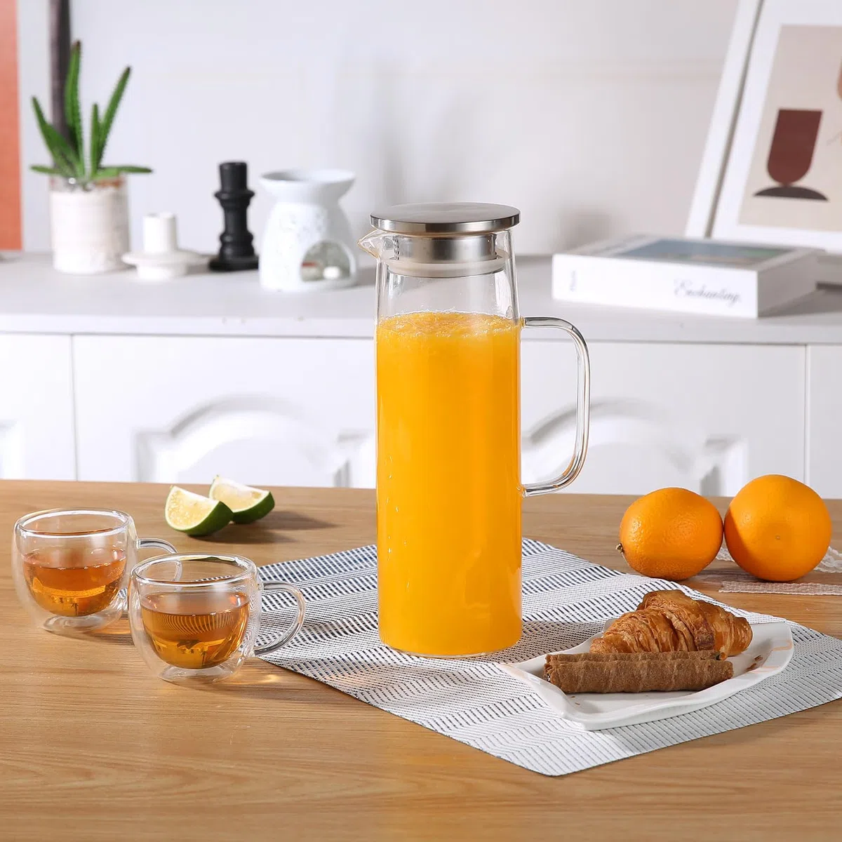 Jarra de vidrio resistente al calor con tapa y boquilla, jarra de té helado de vidrio para nevera, jarra de agua de vidrio y jarra de 1500 ml