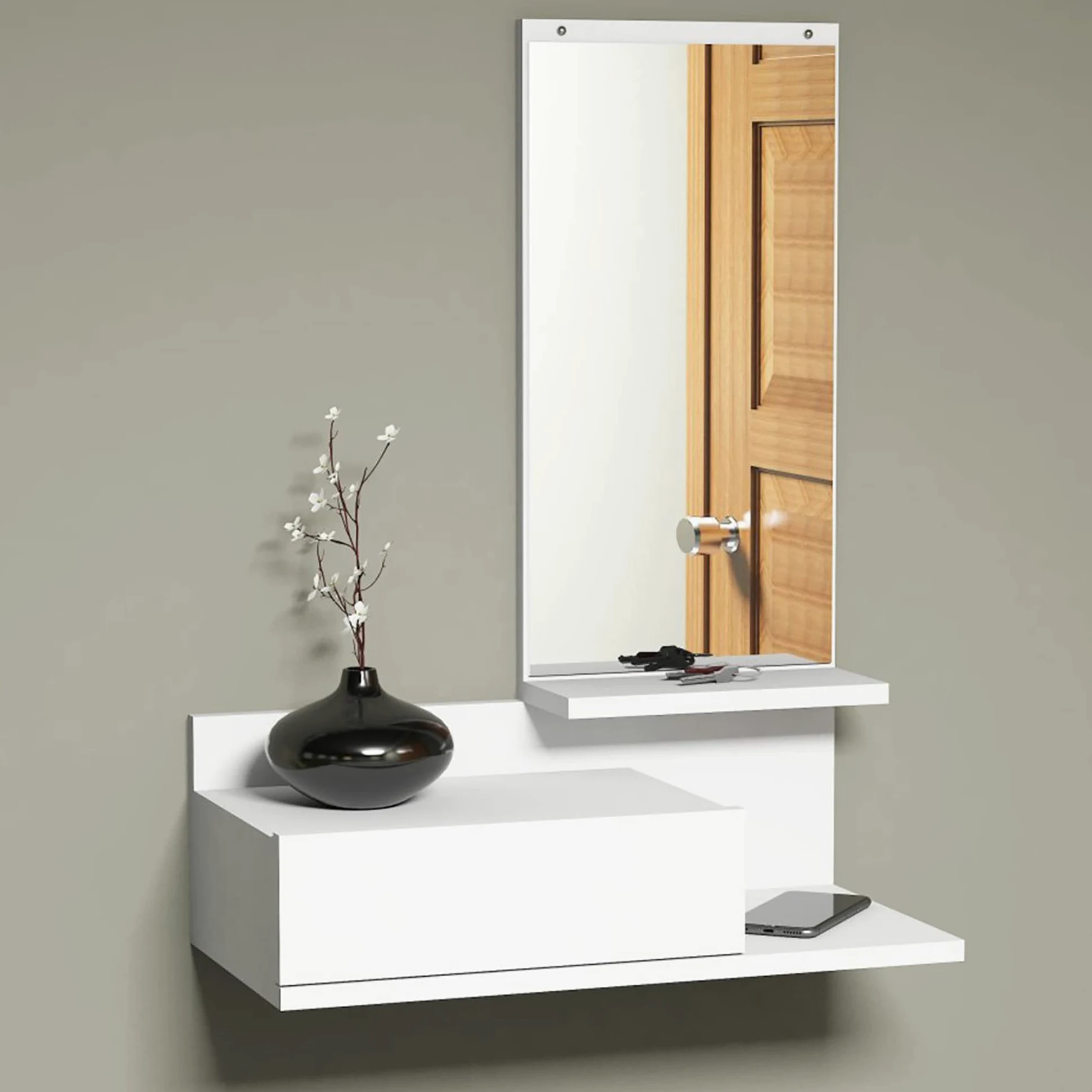 [en.casa] Recibidor Suspendido Estantería de Pared con Espejo Mueble de Entrada con Cajón máx. 15 kg Aglomerado 80 x 60 x 30 cm Blanco