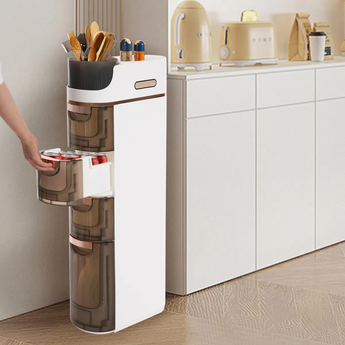 Carrito de almacenamiento estrecho con 4 cajones, cajonera con suelo alto, giratorio, espacio de almacenamiento superior para baño, dormitorio, salón, organización máxima