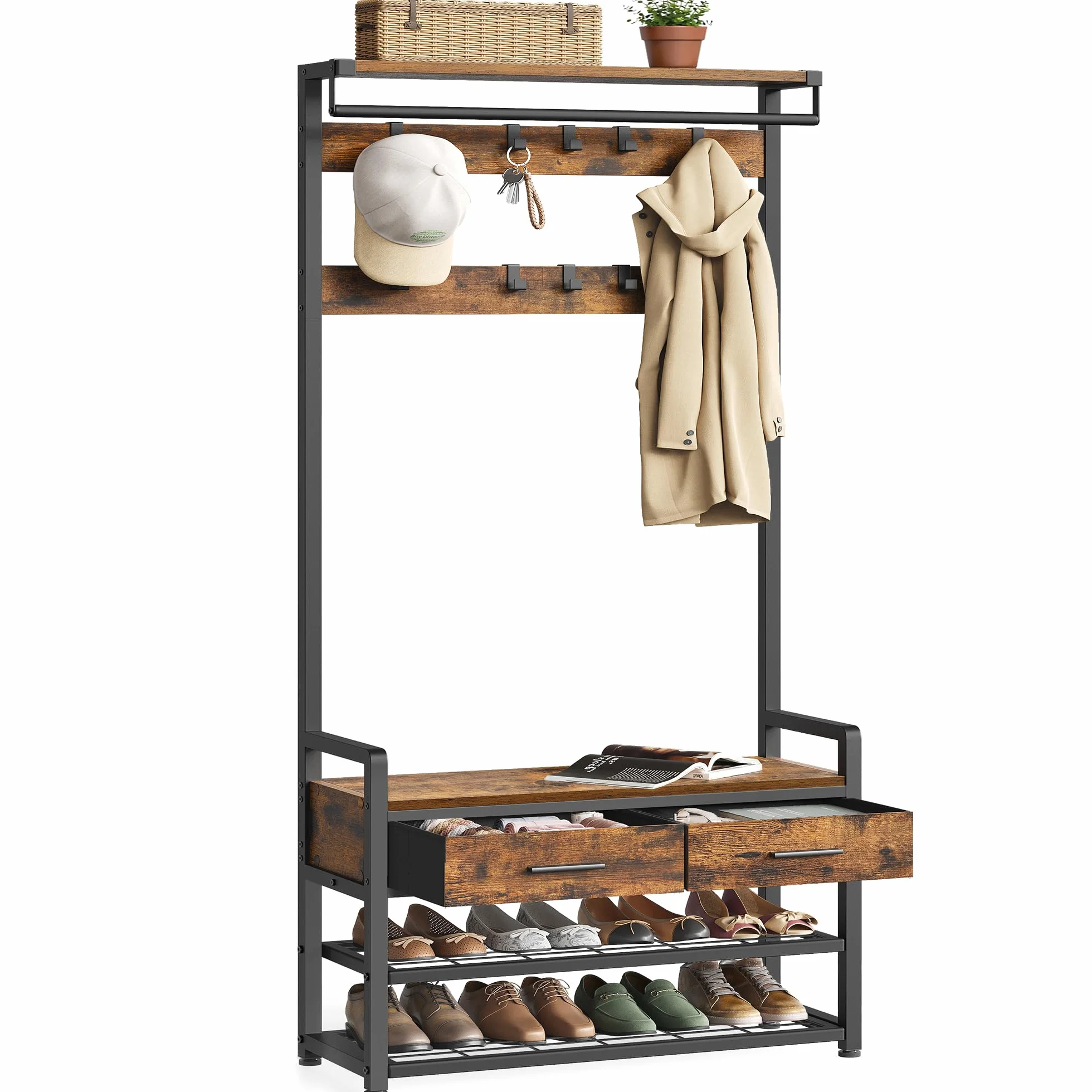 VASAGLE Perchero Recibidor, Mueble de Entrada con 10 Ganchos Extraíbles, 2 Cajones, Banco Zapatero, Diseño Separable, 30 x 80,4 x 181,6 cm, Marrón Rústico y Negro Tinta HSR429B01