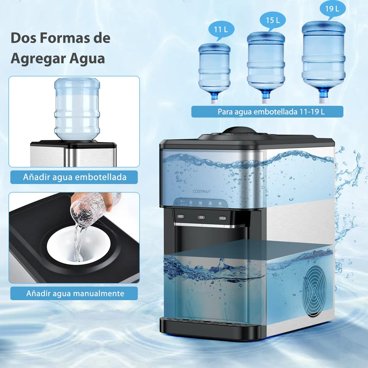COSTWAY Dispensador de Agua 3-en-1 Con Máquina de Hielo, 3 Ajustes de Temperatura, Para Botellas de 3-5 Galones, Para Hogar y Oficina
