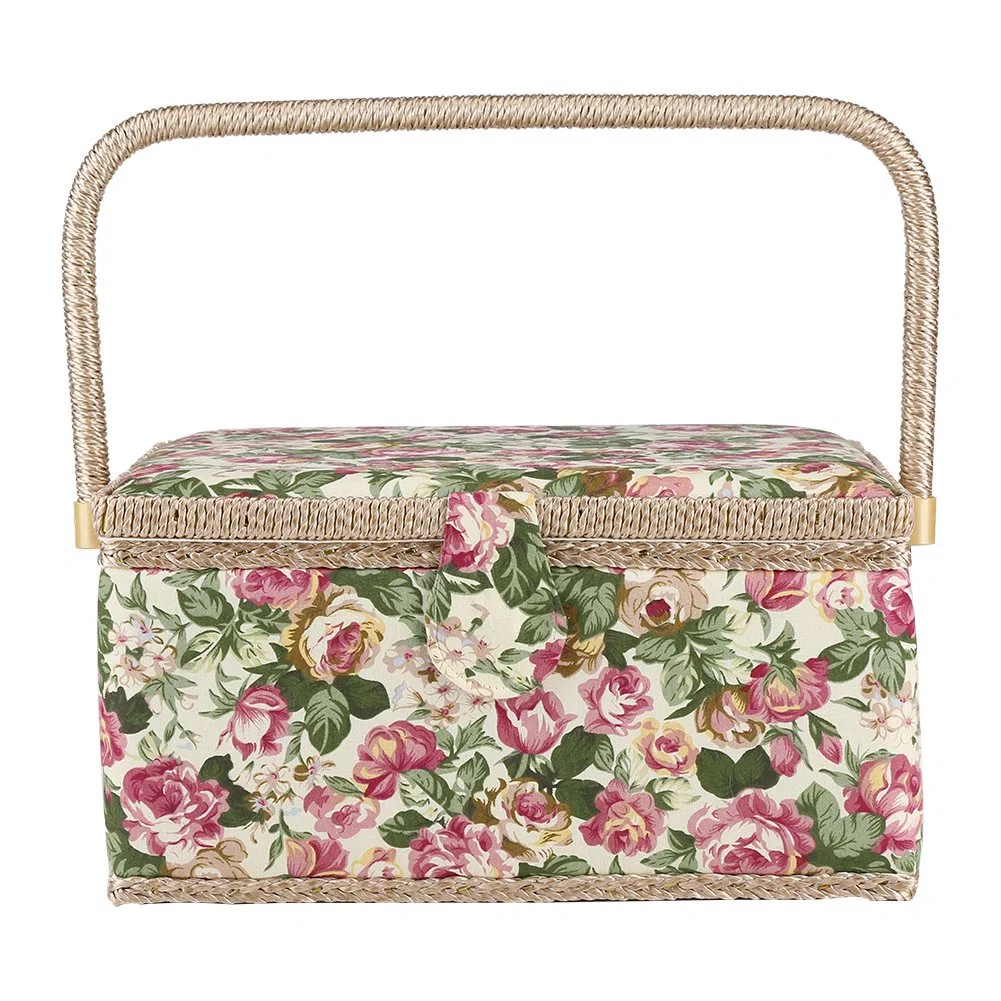 Costurero Dioche con flores de rosa, cesta de costura con estampado y mango ergonómico para organizador del hogar, 30,5 x 23,1 x 15,5 cm