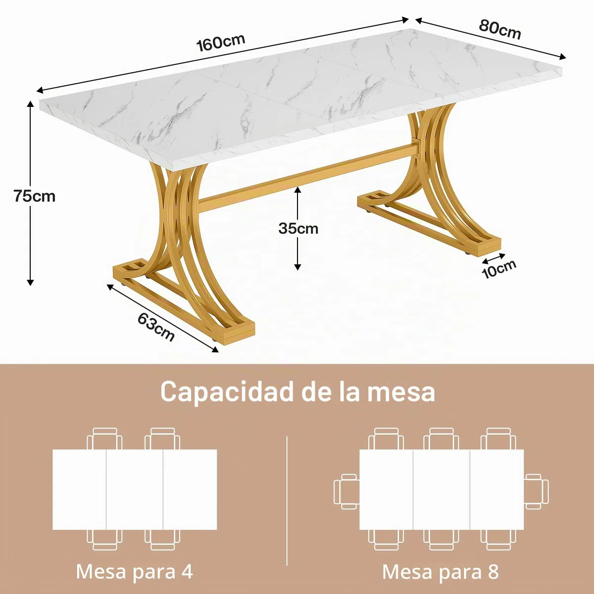 Tribesigns Mesa de comedor moderna de 160 x 80 cm para 4 – 6 personas, mesa de cocina con tablero de mármol sintético, marco de metal resistente, color blanco y dorado