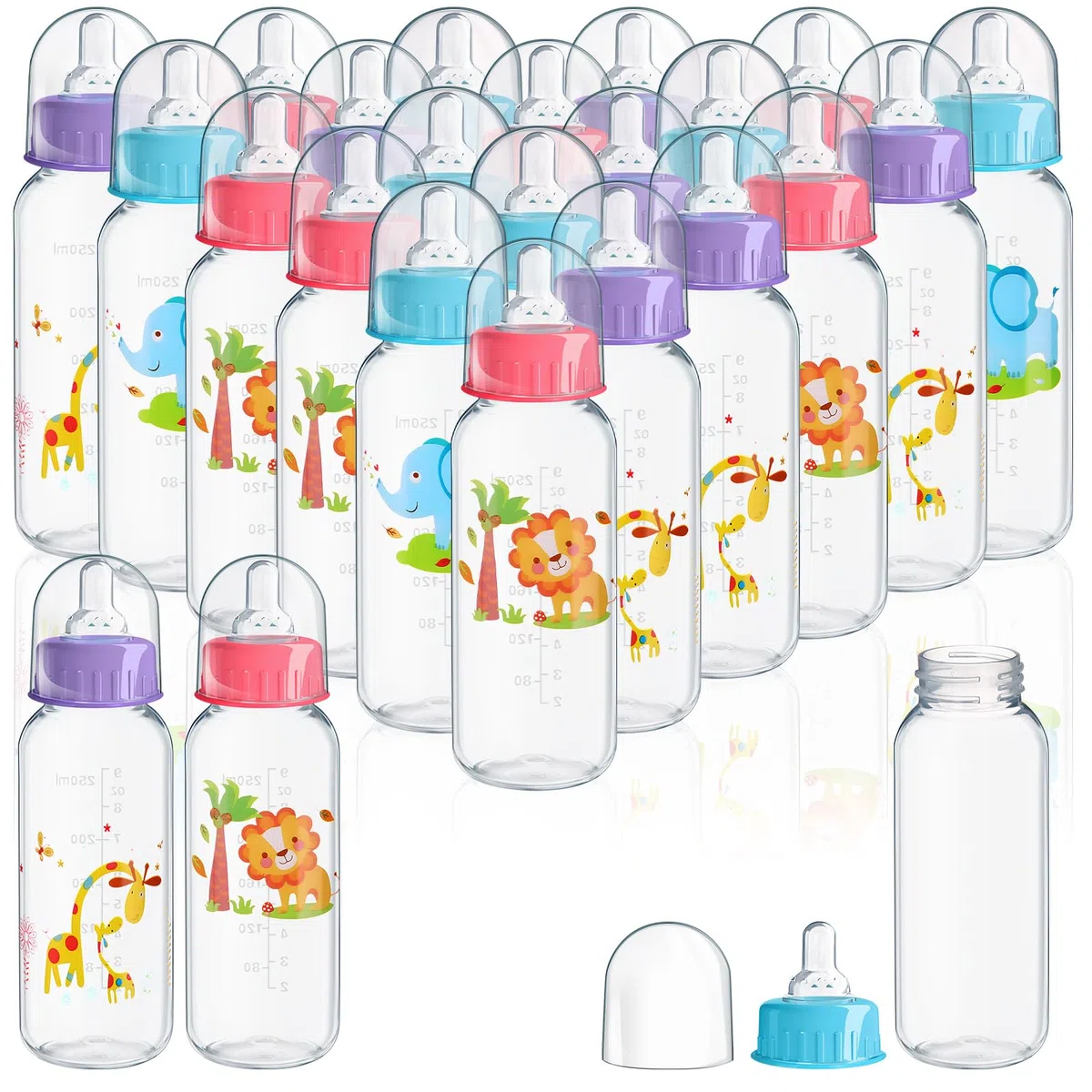 Norme 24 botellas de plástico de 9.5 onzas para baby shower, juegos, fiestas, botellas de leche para niños, decoraciones de cumpleaños, regalos, elefante, león, jirafa (recto)