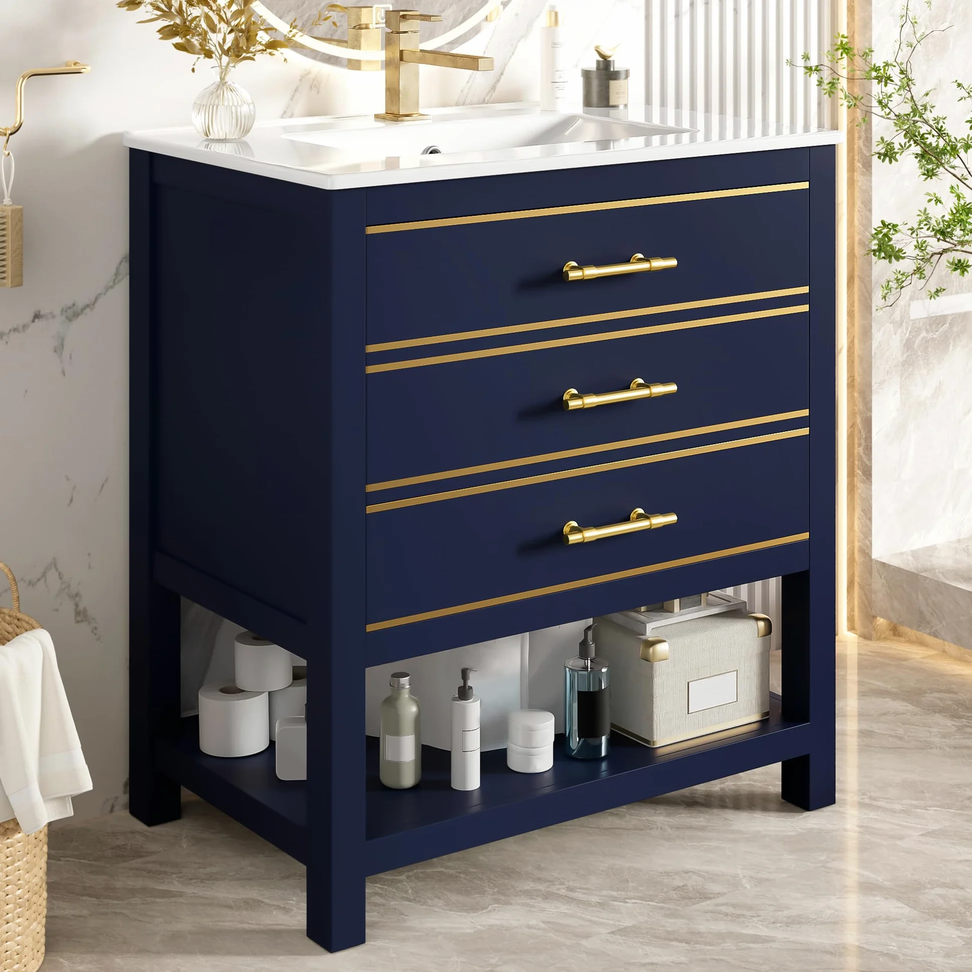 Lexiou Mueble de baño con lavabo de cerámica, mueble de baño independiente con 2 cajones y compartimento abierto, asas doradas, sin grifo ni desagüe (negro y azul)