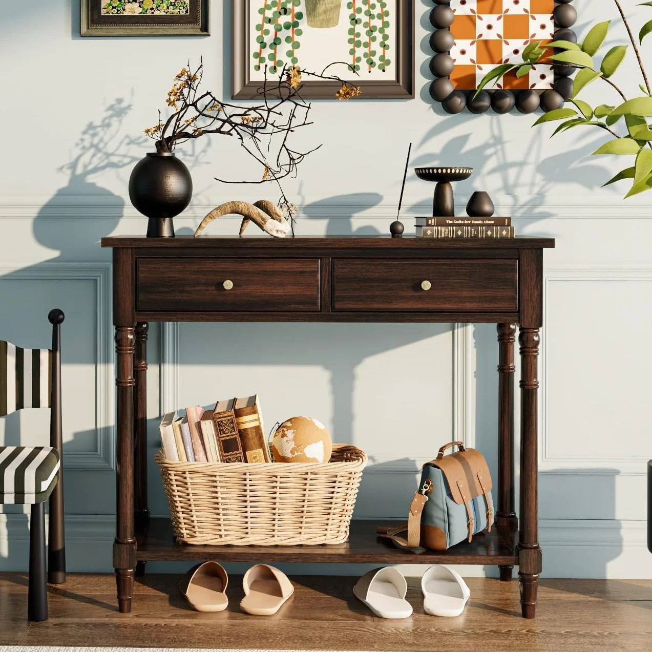 PADMA HOUSE - Mueble de madera maciza con 2 cajones, mesa consola con estante de consola de entrada de pasillo estrecho para 2 niveles, mesa de entrada a salón (marrón)
