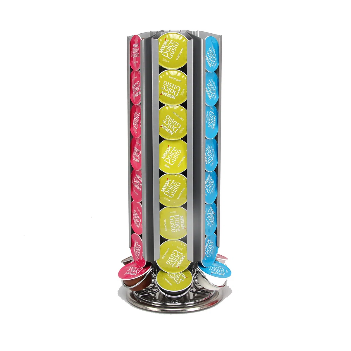 FlagShip Soporte para cápsulas de café Dolce Gusto, organizador de cápsulas de carrusel de metal, 48 cápsulas, color plateado