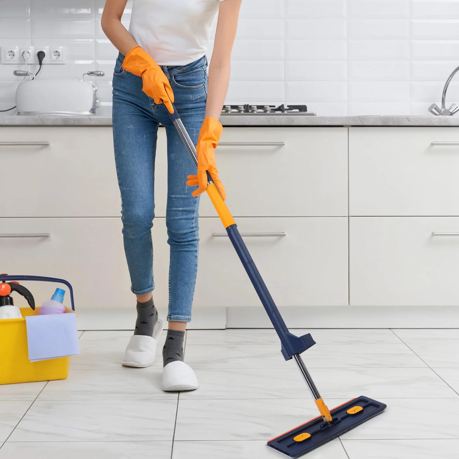 Mopa Plana Azul con Paños de Microfibra Fregona sin Lavado Manual Cabezal Grande y Escurridor Rápido para Limpiar Suelos Azulejos y Parquet el Hogar