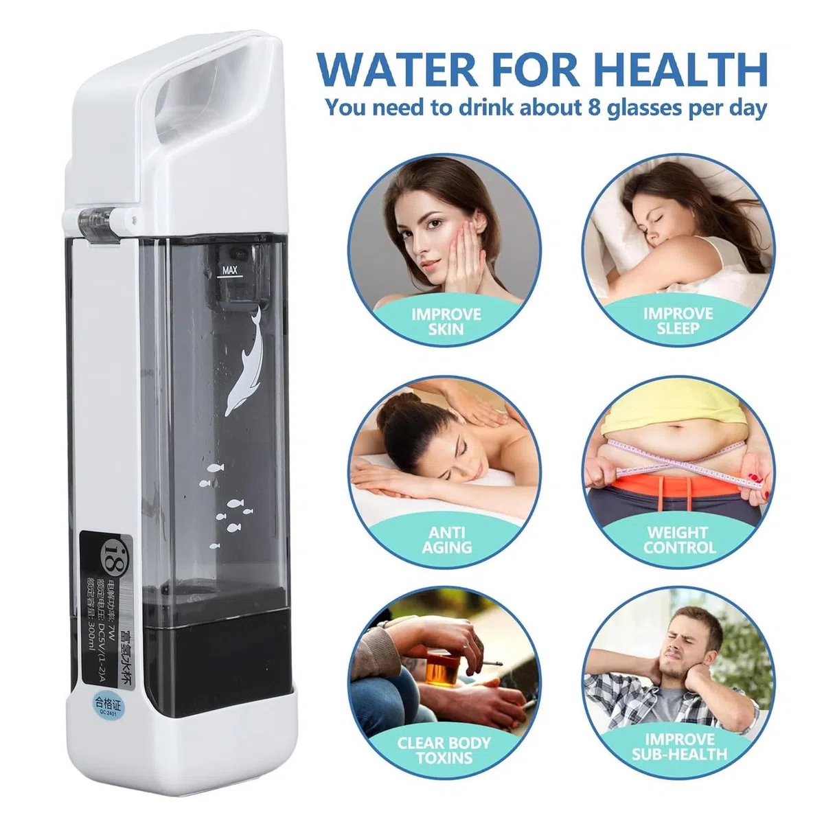 Botella de Agua de Hidrógeno, Máquina Ionizadora de Agua de Hidrógeno Portátil de 300 Ml, Electrólisis Rápida de 3 Minutos para el Hogar, la Oficina, los Viajes, el Consumo Diario