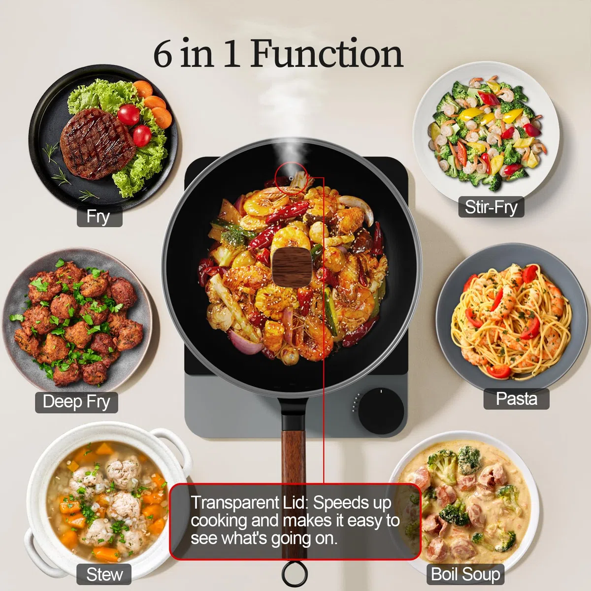 Jobin 33cm/13inch Wok de Acero al Carbono Premium con Tapa de Vidrio - Wok sin Revestimientos Químicos para Cocina Asiática, Compatible con Inducción, Gas, Vitrocerámica y Placas Eléctricas