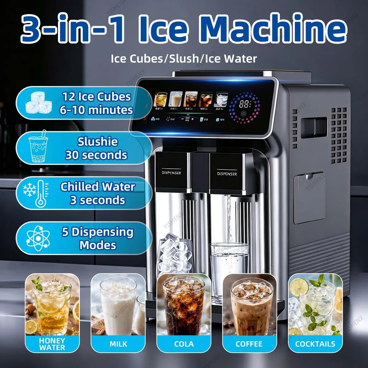Máquina De Hielo 3 En 1, Máquina De Granizados Profesional, Alta Producción De 15 Kg/24 H, 5 Modos De Dispensación Leche, Miel, Café, Cola, Cócteles, Para Cafeterías(Gun-gray,Touch)