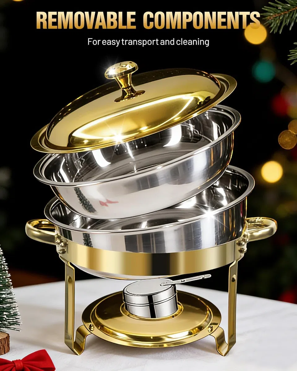 Calentador de Comida para Buffet, Chafing Dish 6L Acero Inoxidable | Juego de 2 Unidades, Calentador de Alimentos Buffet para Fiestas, Bodas, Banquetes y Eventos de Catering, Dorado y Plateado