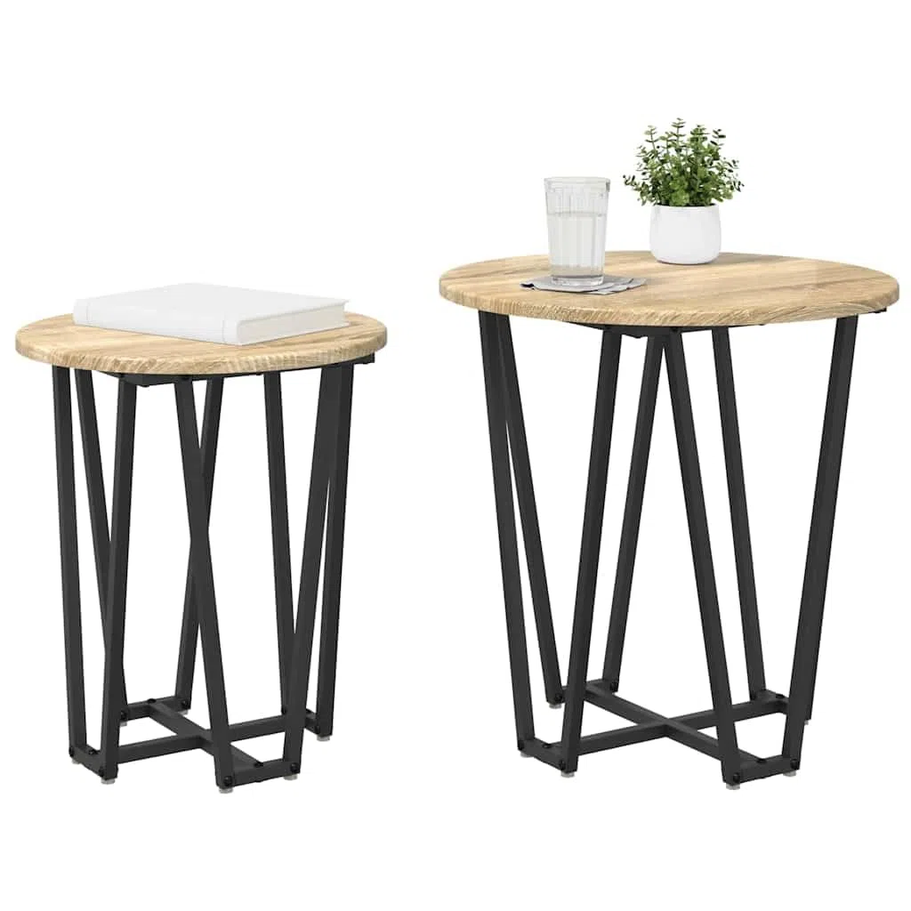 Juego de mesa auxiliar de 2 piezas de roble Sonoma y negro, mesas de centro redondas con marco de metal, prácticos estantes para sofá, salón, oficina, rincón de lectura, decoración y bebidas