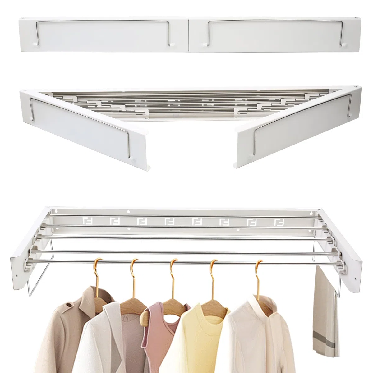 Tendedero montado en la pared, 80 cm, extensible, secador de pared con dos lengüetas, acero inoxidable, plegable, ahorra espacio, montado en la pared, tendedero para interiores y exteriores