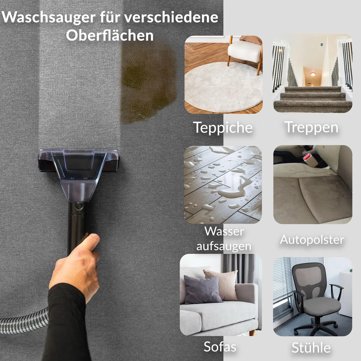LEHMANN EasyWash - Limpiador de alfombras y tapicería 2 en 1 Spot Clean, aspiradora en seco y húmedo de 450 W, sistema de dos depósitos, quitamanchas para sofá, alfombra y coche, incluye accesorios