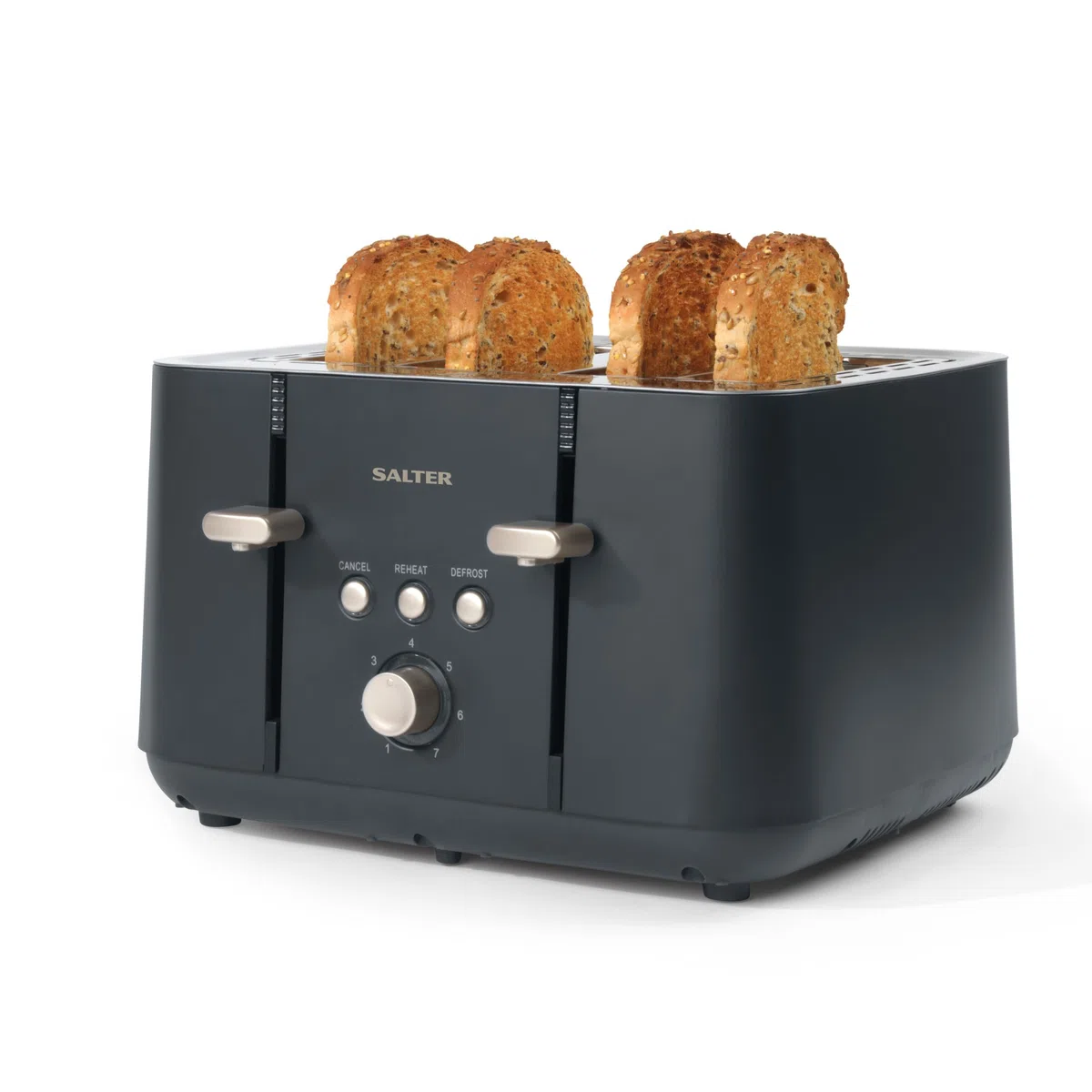 Salter Marino Tostadora de 4 ranuras anchas, 1850 W | 7 niveles tostado, descongelar/recalentar/cancelar, guías autocentrantes, antiatasco, bandeja recogemigas extraíble