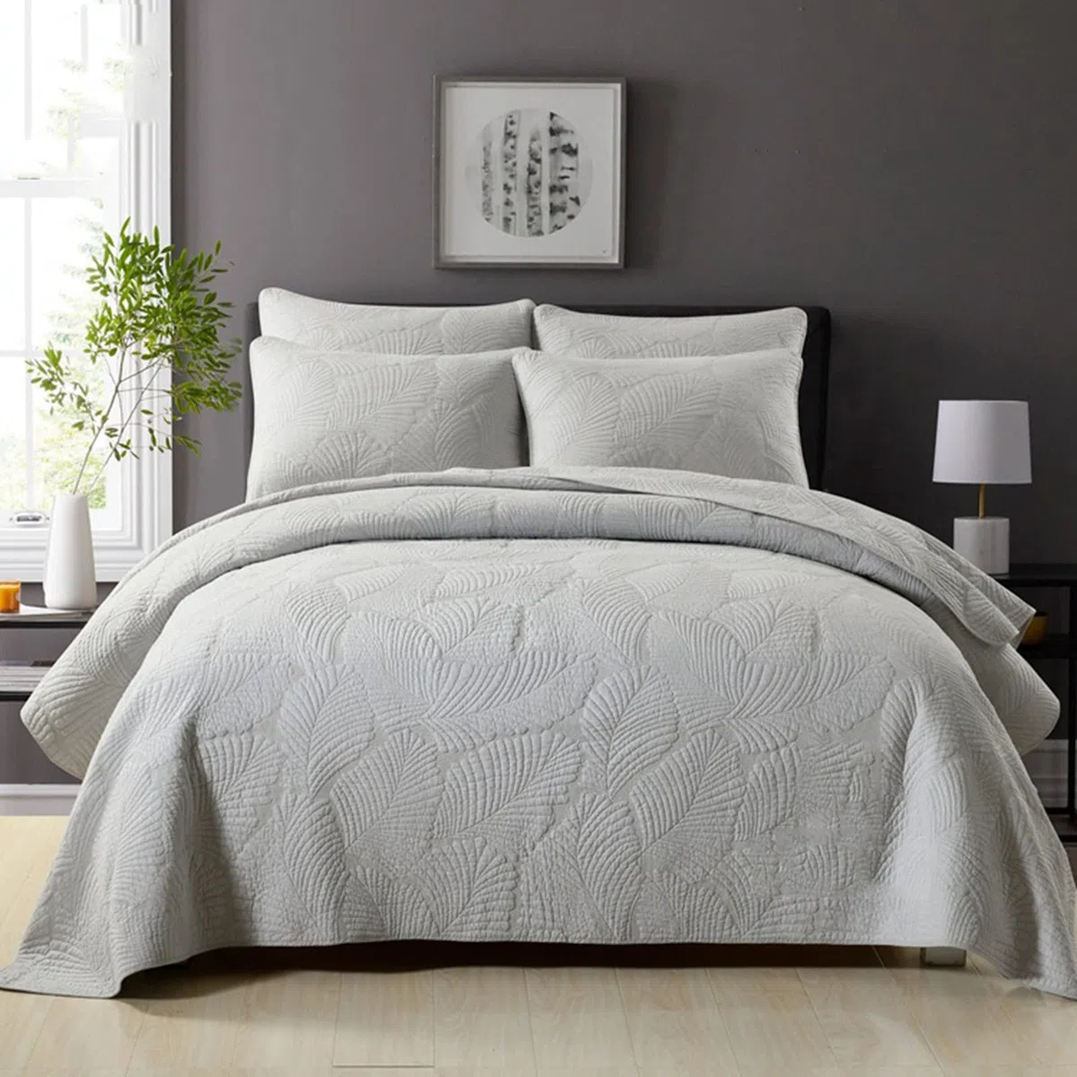 KISKIS Lujo Acolchado Colcha Ligero Reversible Bordada Sobrecama Juegos De Ropa De Cama + 2 Fundas De Almohada,Gris,Double 230x250cm