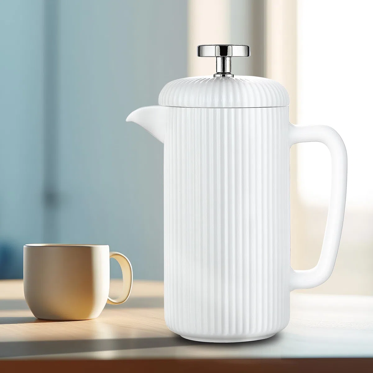 Easyworkz Cafetera de émbolo de porcelana de 1000 ml, con émbolo de acero inoxidable, color marfil