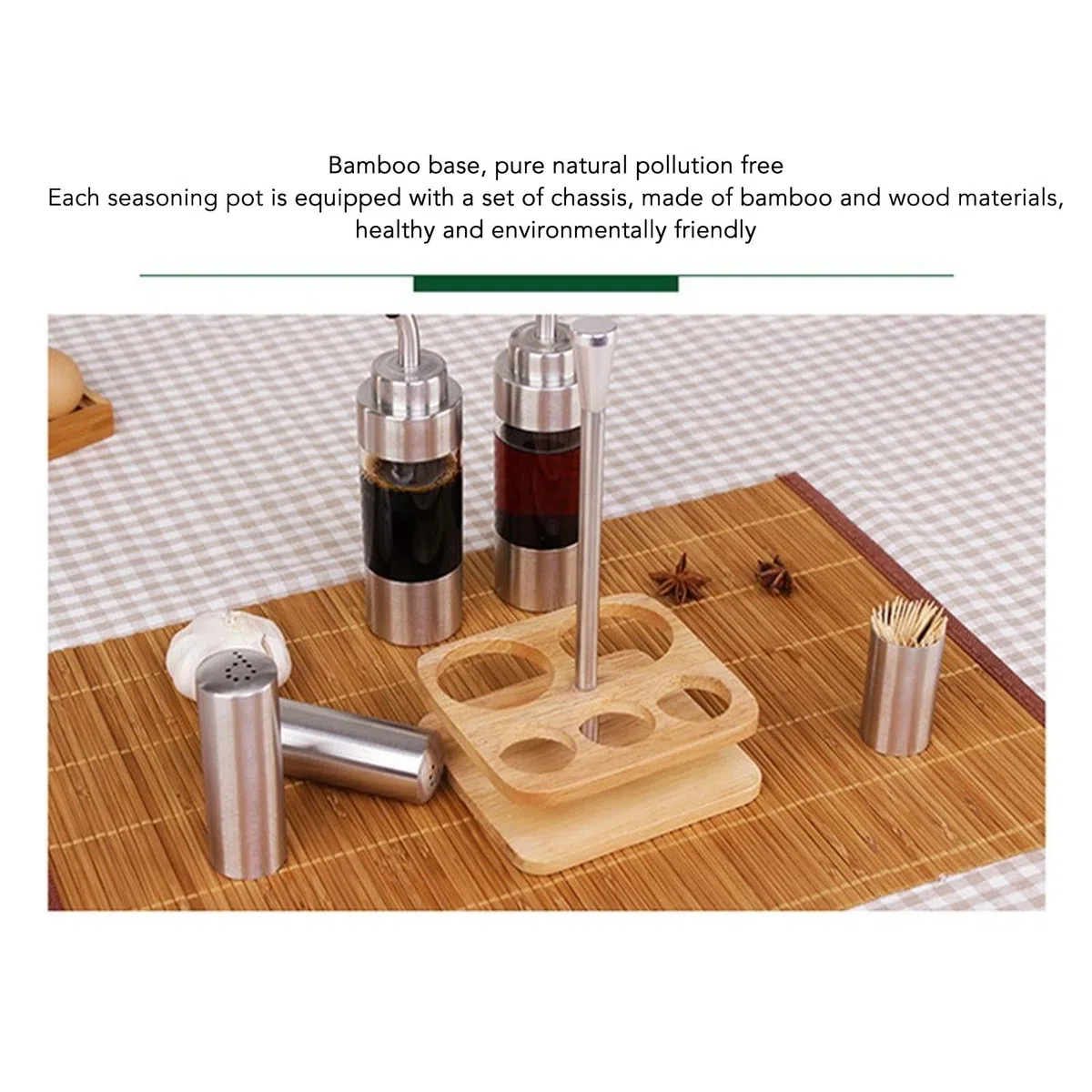 Set Dosificador de Aceite Y Vinagre, Juego de Vinagrera de Acero Inoxidable Y Vidrio de 6 Piezas que Incluye Botella de Vinagrera de Aceite, Salero Y Pimentero Y Estante de Madera para Cocina, Mesa
