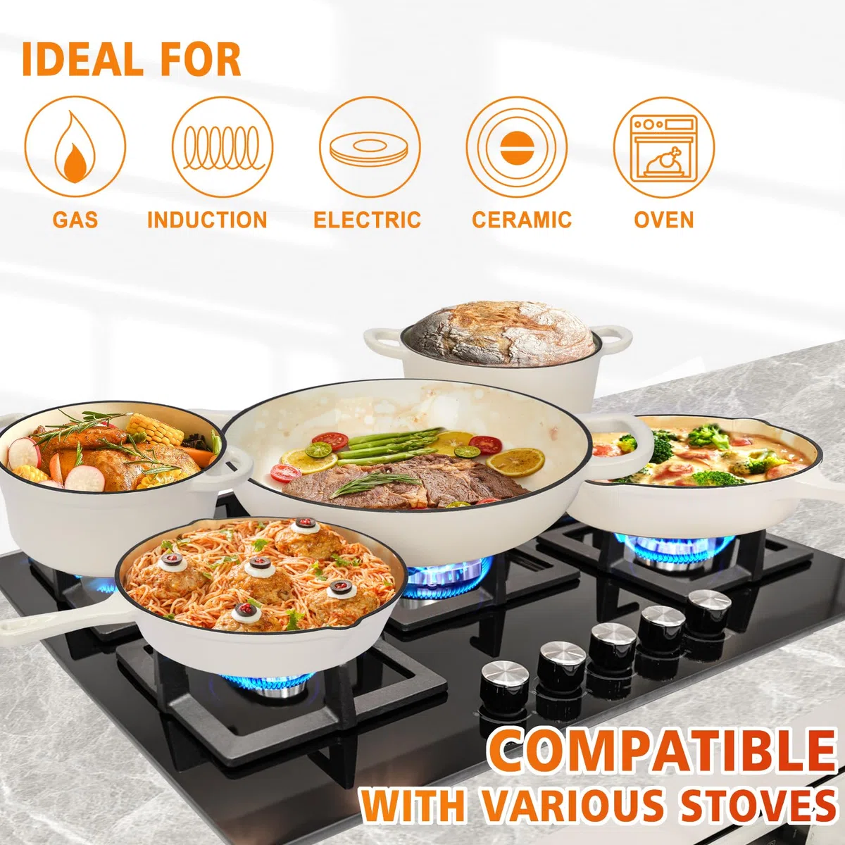 GFTIME Juego de 8 piezas de cocina en hierro fundido esmaltado antiadherente, ollas, sartenes y horno holandés para todo tipo de fuegos, ideal para hornear pan