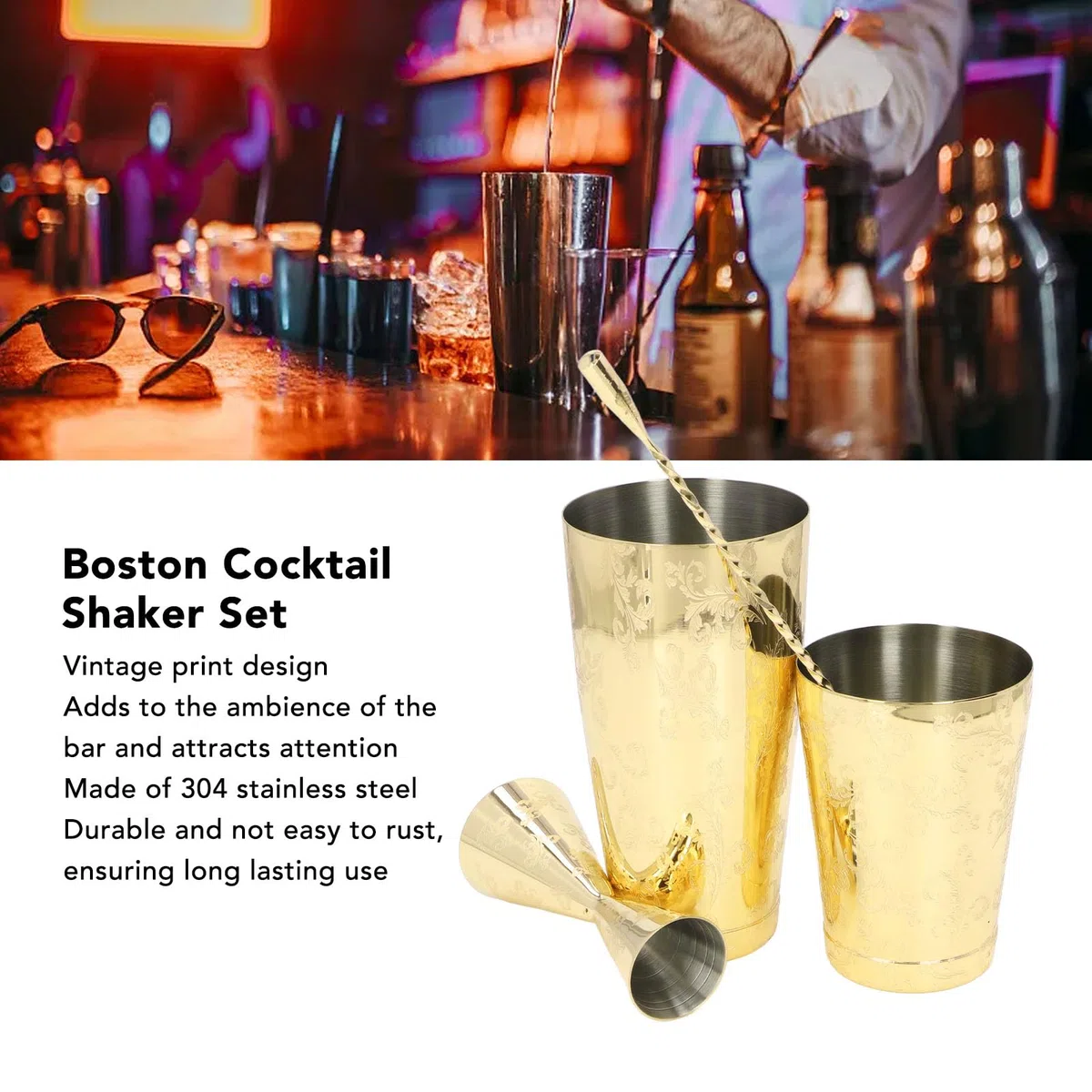 Kavolet Juego de Coctelera Boston de Acero Inoxidable 304 (Conjunto 3) | Kit de barman profesional de diseño Vintage para cócteles, con colador, cuchara para barra Jigger, juego de coctelería para