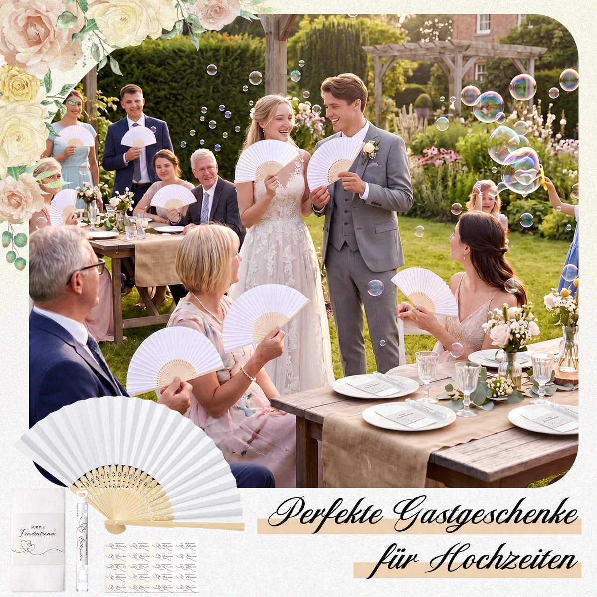 BBTO 30 Sets de Recuerdos para Bodas Abanicos para Bodas Burbujas Lágrimas de Alegría Pañuelos de Pañuelo con Pegatinas de Burbujas con Bolsitas de Organza para Invitados, Fiestas de Cumpleaños