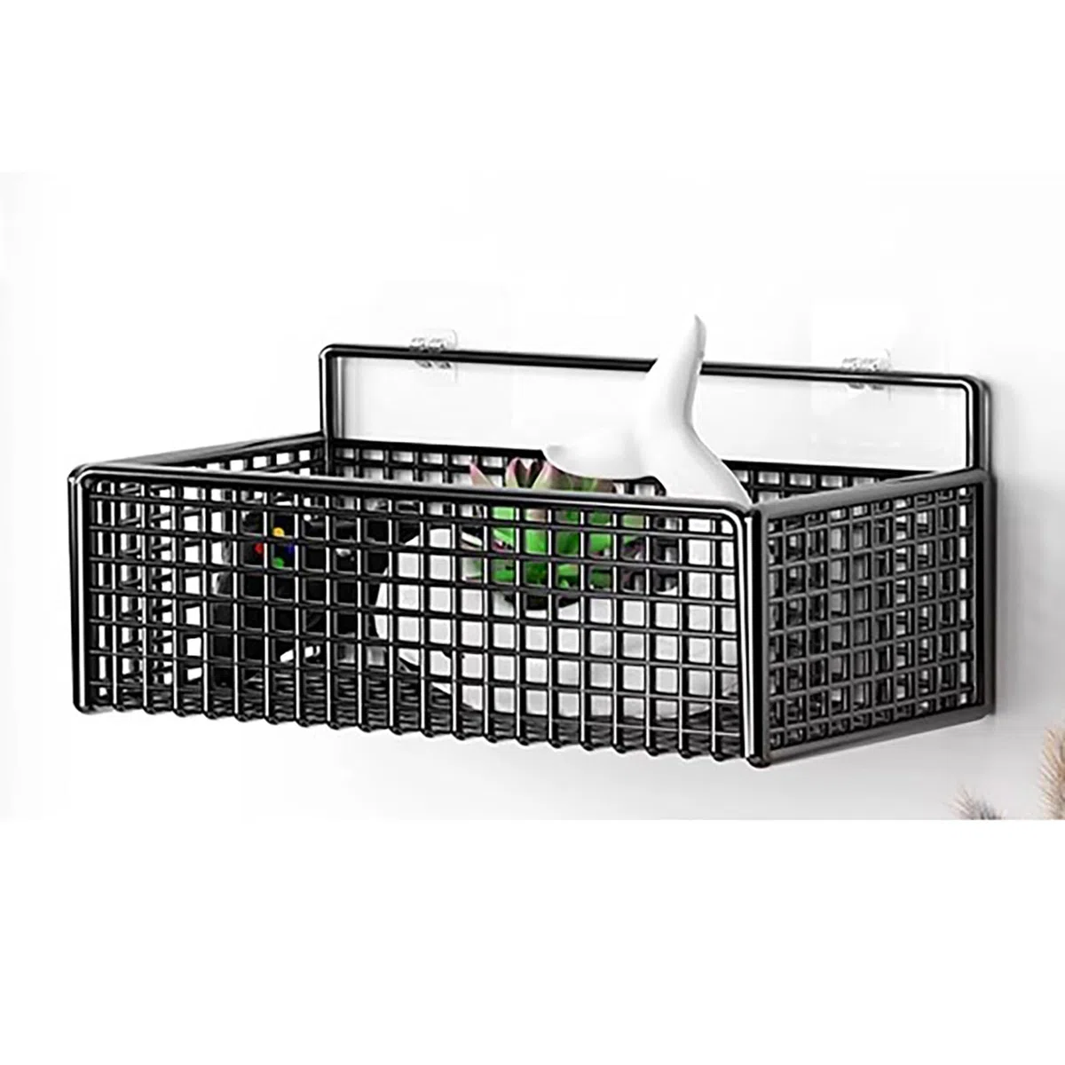 Paquete de 2 cestas de almacenamiento montadas en la pared sin taladros, organizador colgante de metal negro para cocina, baño, cestas de malla multifuncionales que ahorran espacio,