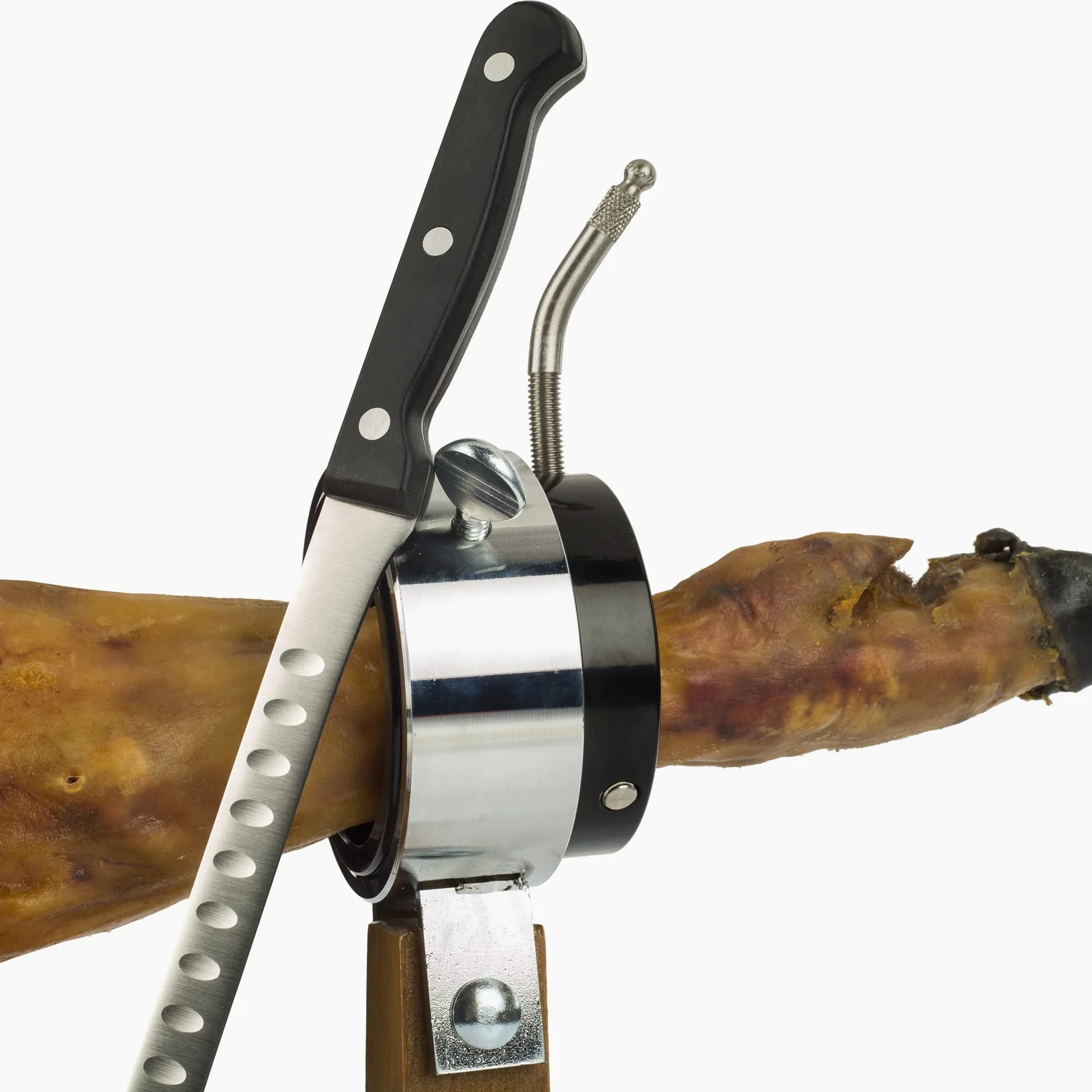 Jamonero Giratorio 360º Madera Lacada + Cubre jamón Kukuxumusu + Cuchillo Jamonero 28 cm - Soporte Jamonero Fabricado en España - Jamonera 2 Posiciones para Jamones y Paletas (011132)