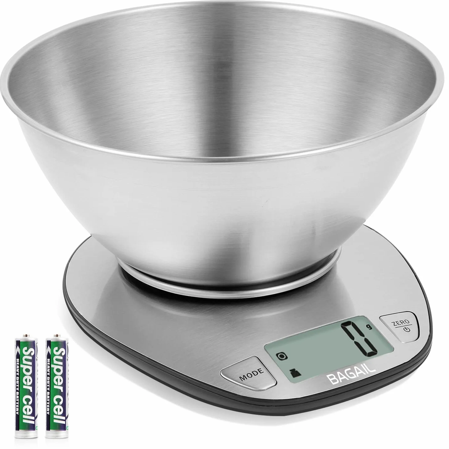 BAGAIL BASICS Báscula electrónica de cocina de alta calidad, báscula de respaldo de pantalla grande, báscula de pesaje de alimentos húmedos y secos con cuenco de mezcla de acero inoxidable, 5 kg