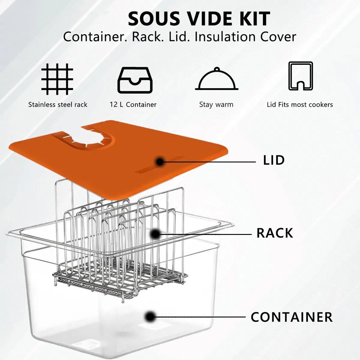 Recipiente Sous Vide 12L, Sous Vide Contenedor con Tapa Manguito Aislante y Estante, Contenedor transparente multifuncional (sin BPA) Adecuado para Pescado, Carne y Verduras