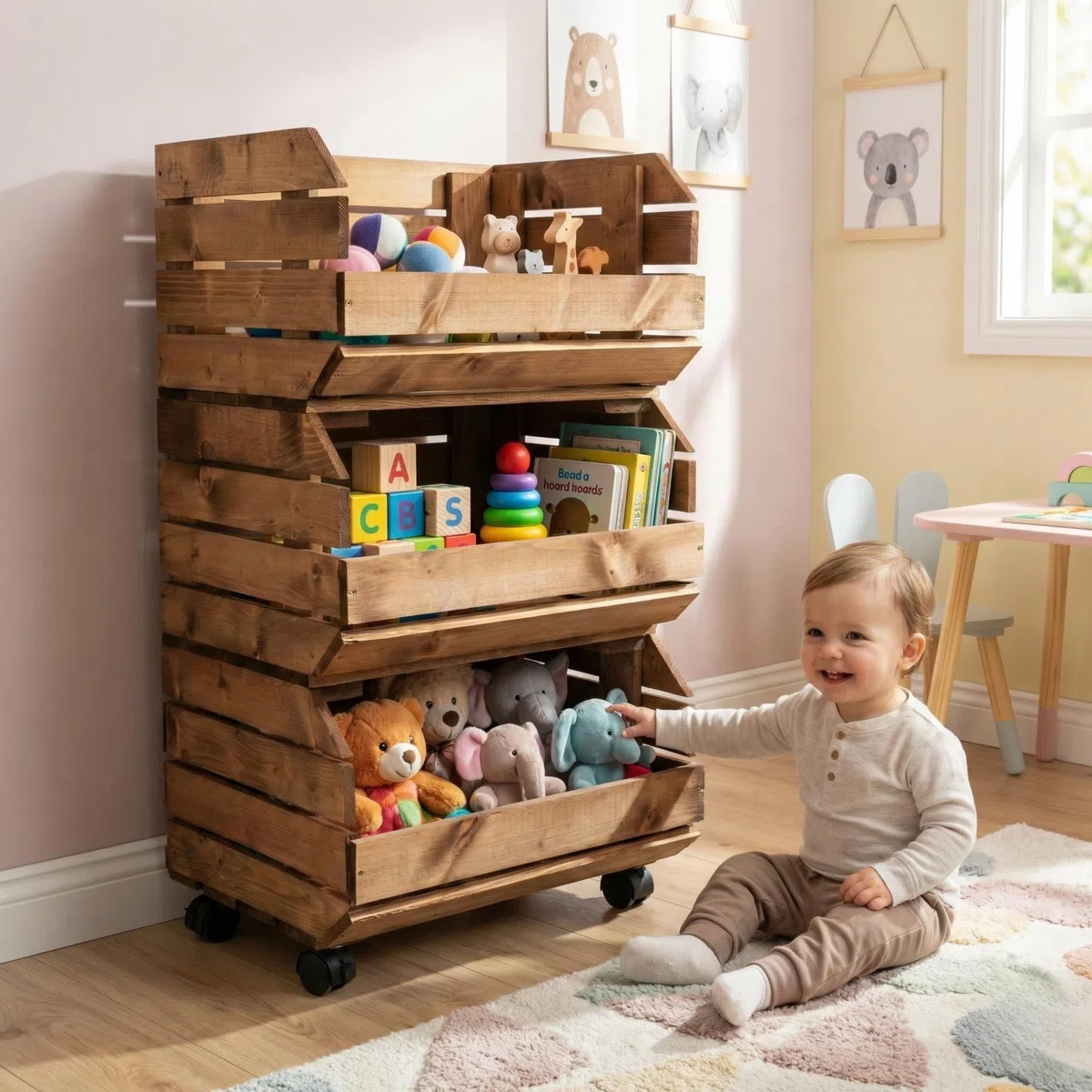 Juego de Cajas apilables para Verduras con Ruedas, 3 Cajas de Madera, estantería, Horda de Frutas, Caja de Patatas, marrón, con Instrucciones