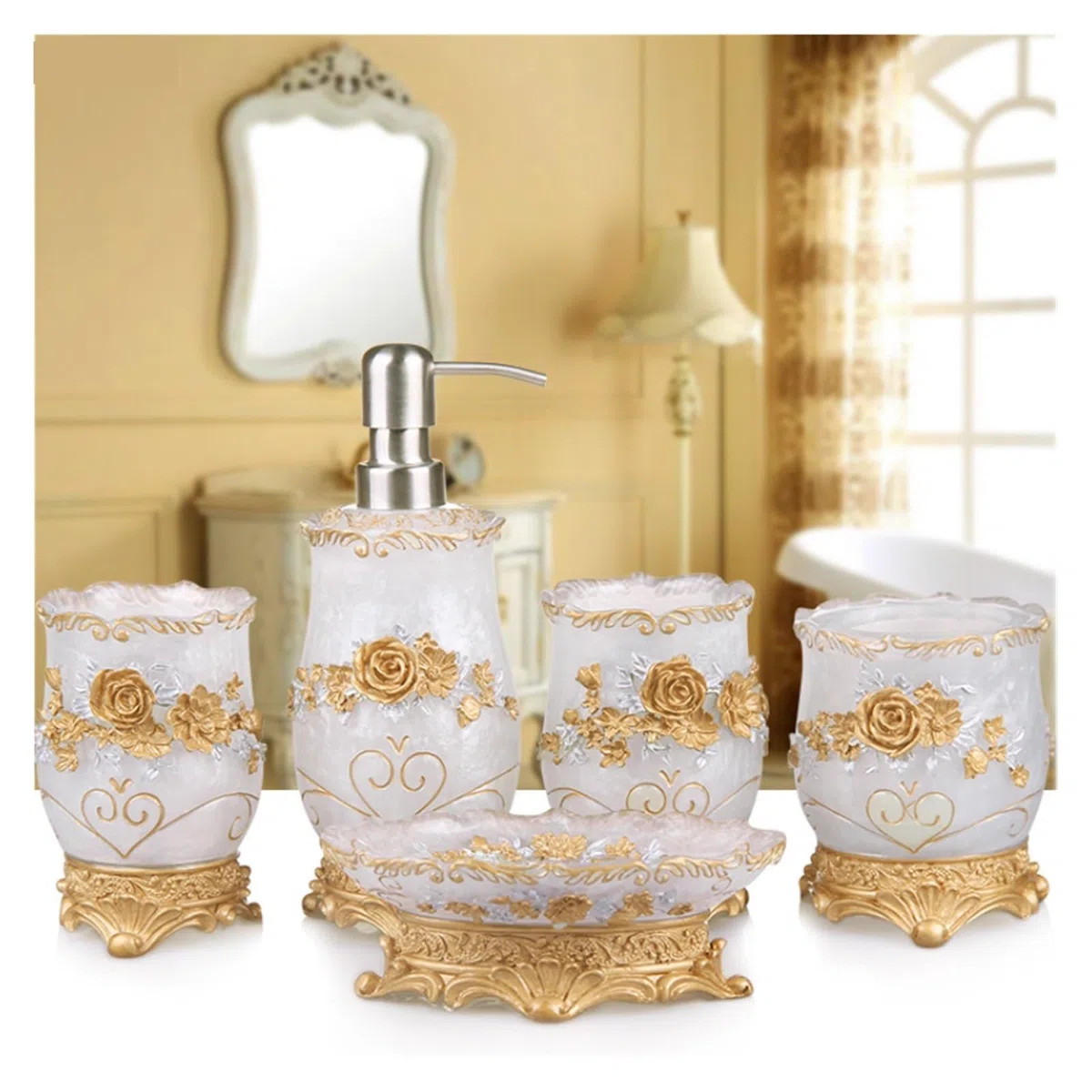 Set de Accesorios de Baño Juego de baño de resina for el hogar, dispensador de jabón, soporte for cepillo de dientes, taza, jabonera, bandeja, cepillo de baño, juego de almacenamiento de papelera(14x1