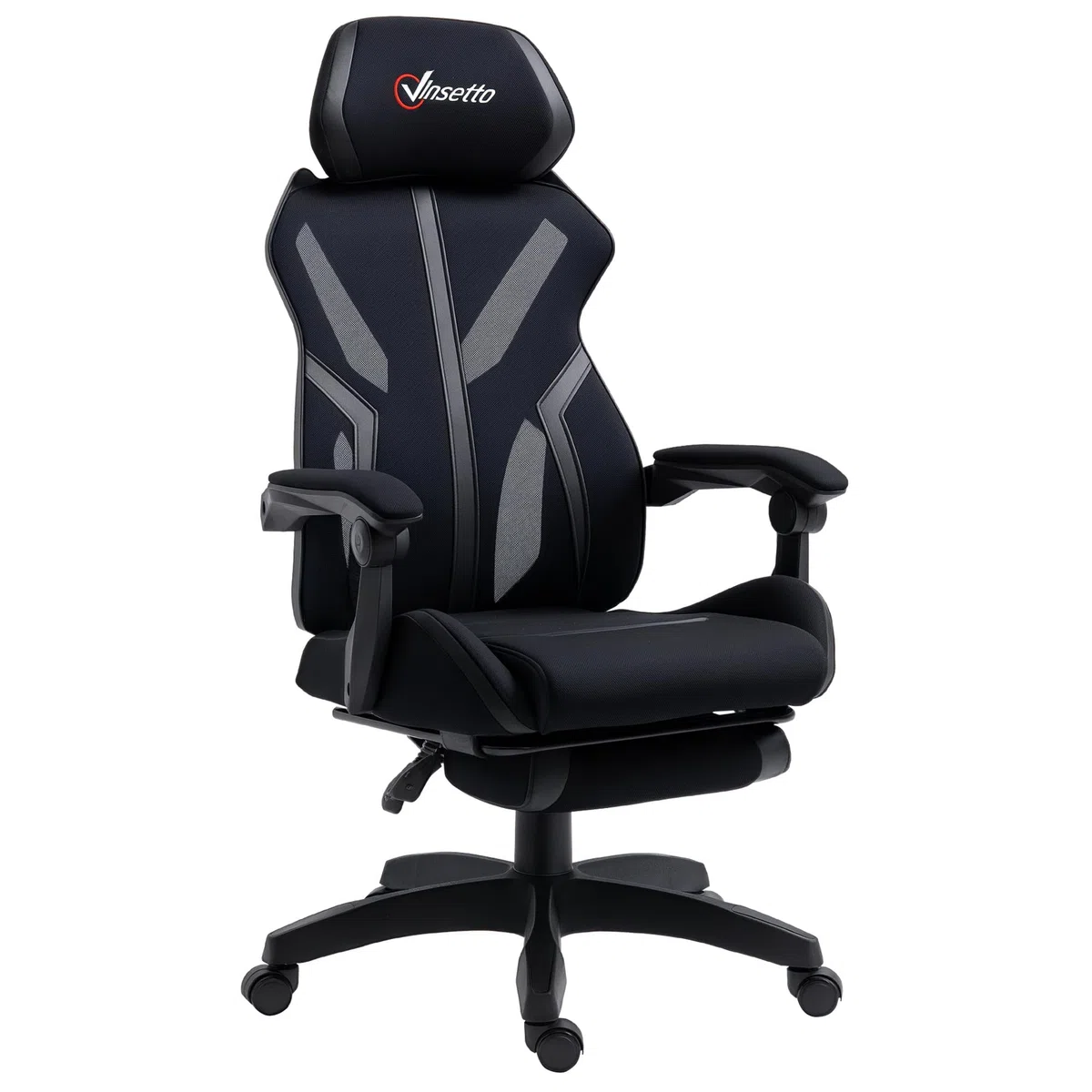 Vinsetto Silla Gaming con Reposapiés Retráctil 65x65x119-129 cm Negro | Silla de Oficina Giratoria Reclinable, con Reposacabezas, Altura Ajustable