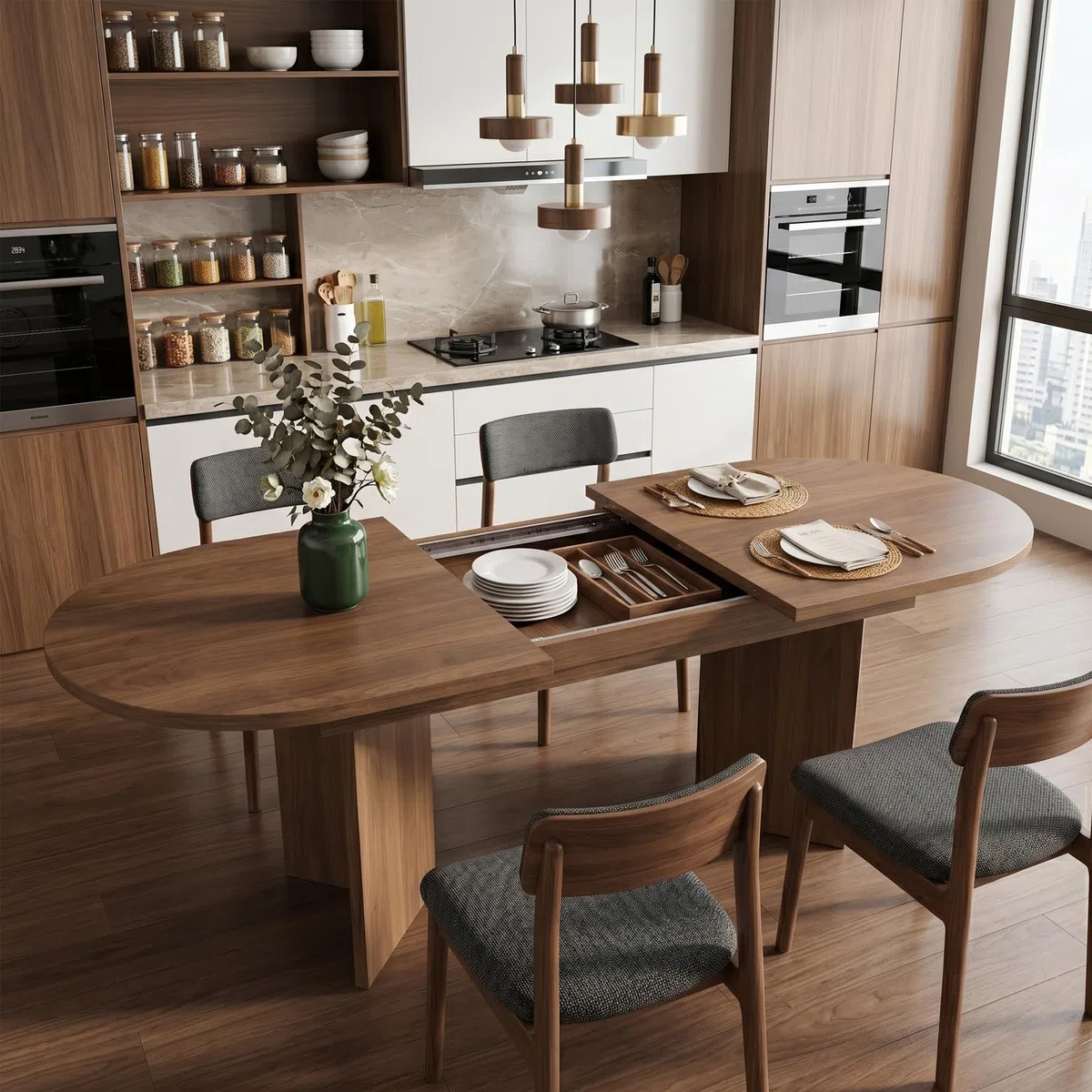 Mesa de Comedor Extensible Ovalada, 160/200 x 90 cm, Mesa de Comedor de Estilo Simple, Mesa de Cocina para 6-8 Personas, Tapa Gruesa, Esquinas Redondeadas, Color Nogal
