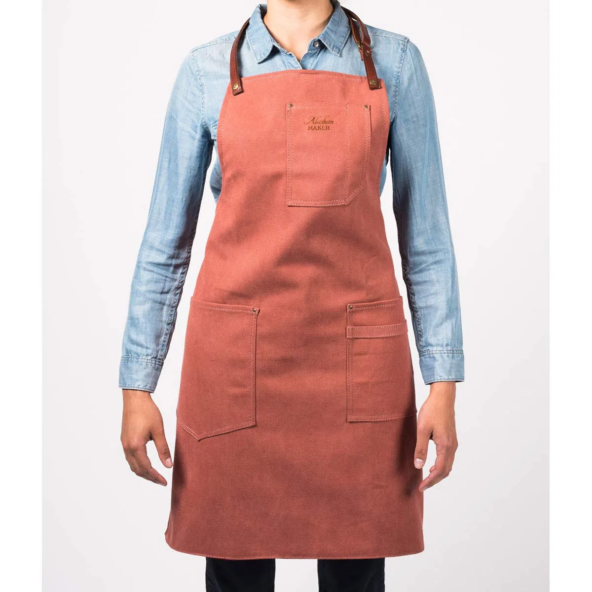 Alaskan Maker - Delantal de cocina de tela vintage y piel con múltiples bolsillos, n.º 325 – Enlaces de nudo, tamaño universal para hombres y mujeres, tierra de Siena, universal