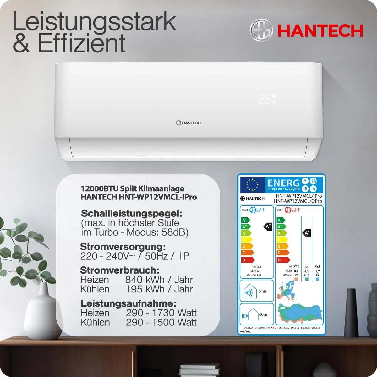 HANTECH Split aire acondicionado 12000 BTU H-PRO función de calefacción y refrigeración, filtro de aire, WIFI, material de montaje