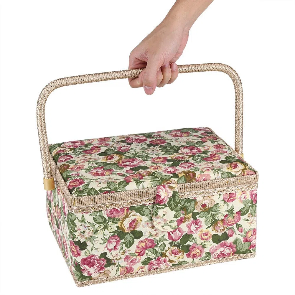 Cesta De Costura para Suministros De Costura, Caja De Artesanía De Costura con Estampado Floral De Tela con Asa, Organizador De Almacenamiento De Kit De Costura para El Hogar