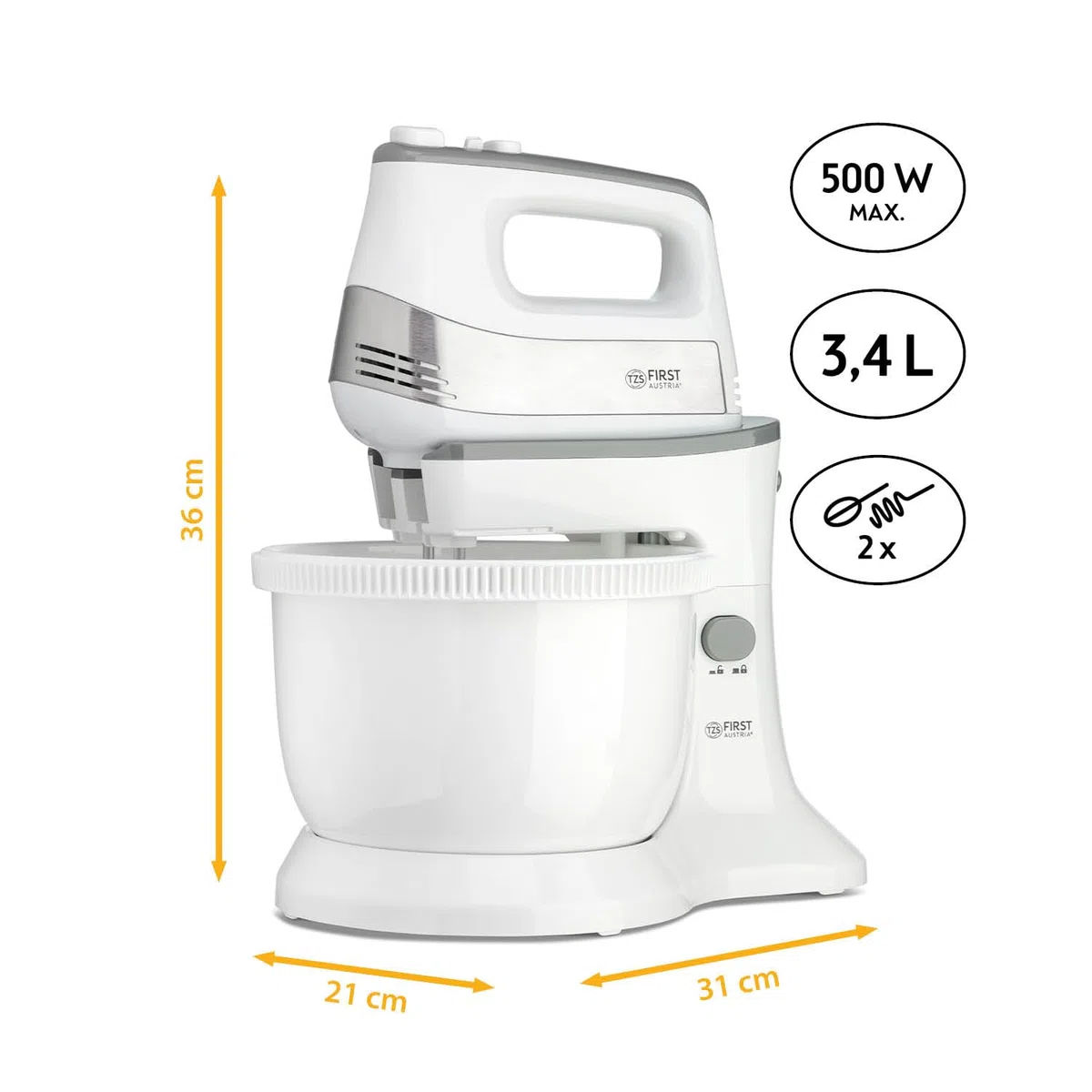 TZS First Austria Batidora de mano y de pedestal 2 en 1 | 3,4 L | Accionamiento automático | 500 W | 5 velocidades | Función turbo | con gancho para masa y varillas