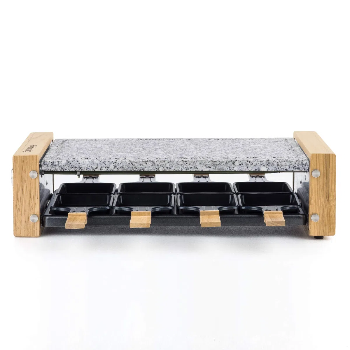 H.Koenig Raclette Multifunción 8 personas WOD8 Diseño en madera natural, Piedra de granito extraíble, Set profesional de fondue de queso raclette, 8 sartenes antiadherentes, 8 espátulas de madera