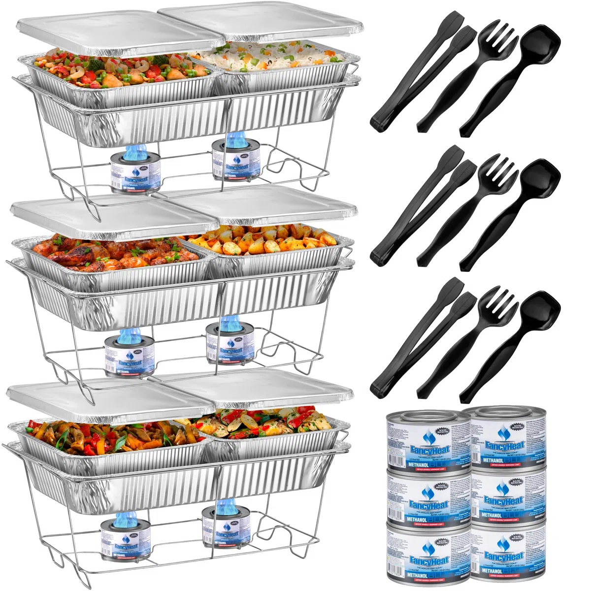 Juego de platos desechables para bufé, calentadores de alimentos para fiestas, 33 piezas completas de servidores de rozaduras con cubiertas, suministros de catering con sartenes de tamaño completo (9