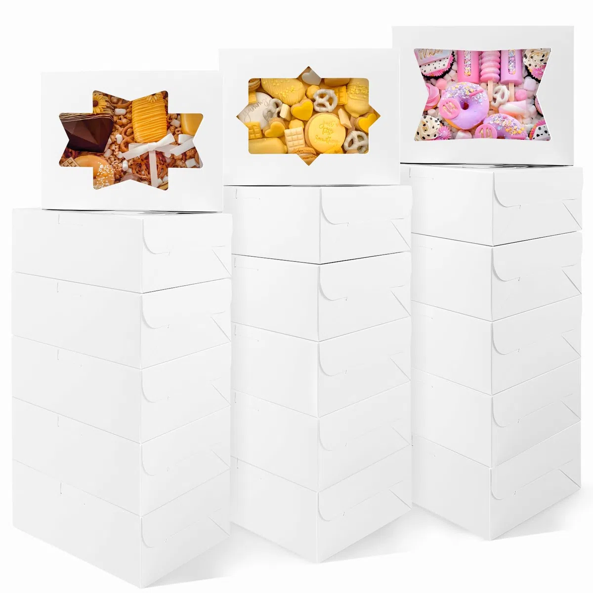 Moretoes 24 cajas de galletas con ventana blanca para galletas, dulces y pasteles, 8 x 6 x 2.5 pulgadas