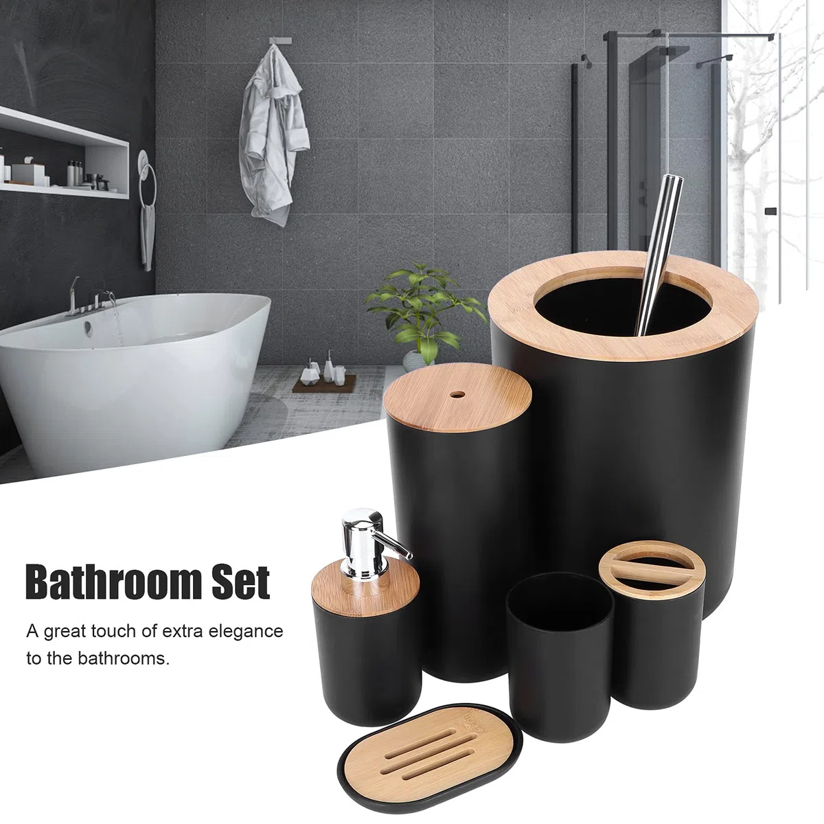 Juego de accesorios de baño de bambú, 6 piezas, kit de limpieza, soporte para cepillo de dientes, dispensador de jabón, jabonera, taza, cepillo de inodoro para decoración del hogar