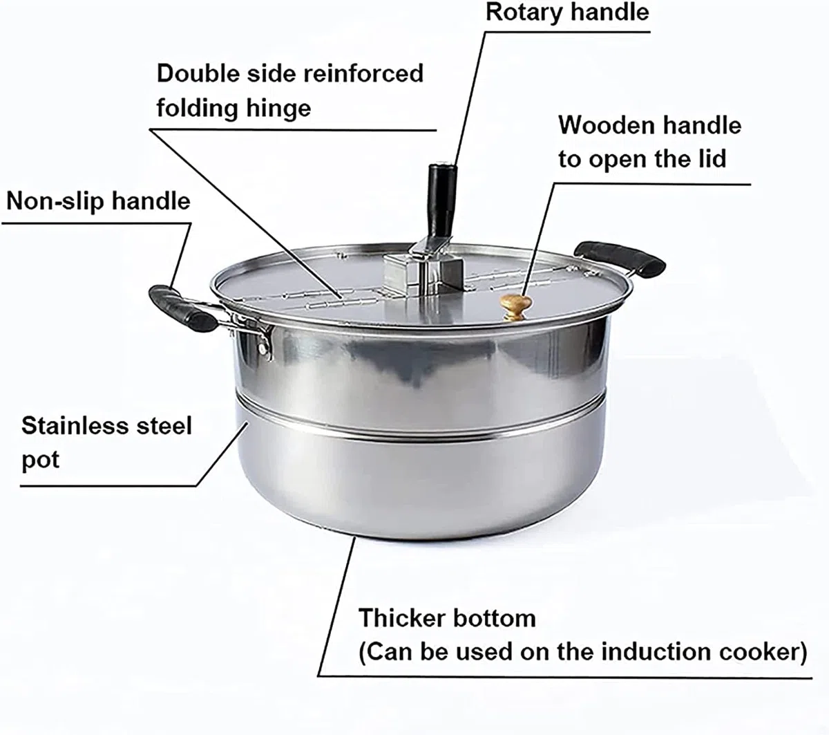 Olla para palomitas de maíz mezclada Manual, Máquina de palomitas de gas para estufa, Máquina de palomitas manual antiadherente comercial de acero inoxidable