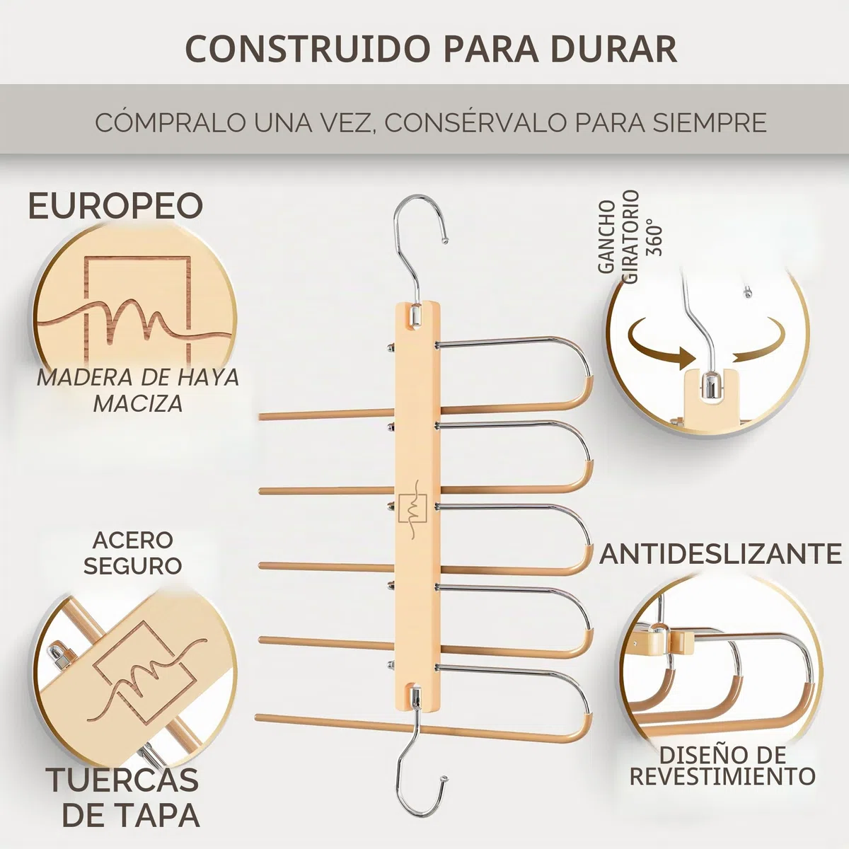 MORALVE - Paquete de 2 perchas para pantalones de madera de haya europea - Ahorrador de espacio para vaqueros y bufandas - Organizador de armario y portapantalones, porta leggings y porta bufanda con
