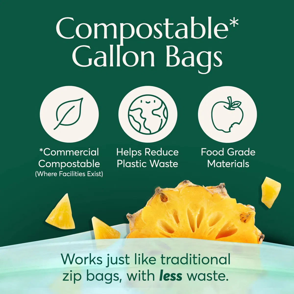 Cleanomic Bolsas compostables de almacenamiento de alimentos de tamaño galón (25 cremalleras ecológicas) a prueba de congelador y fugas, también disponibles bolsas de cuarto de galón, aperitivos y