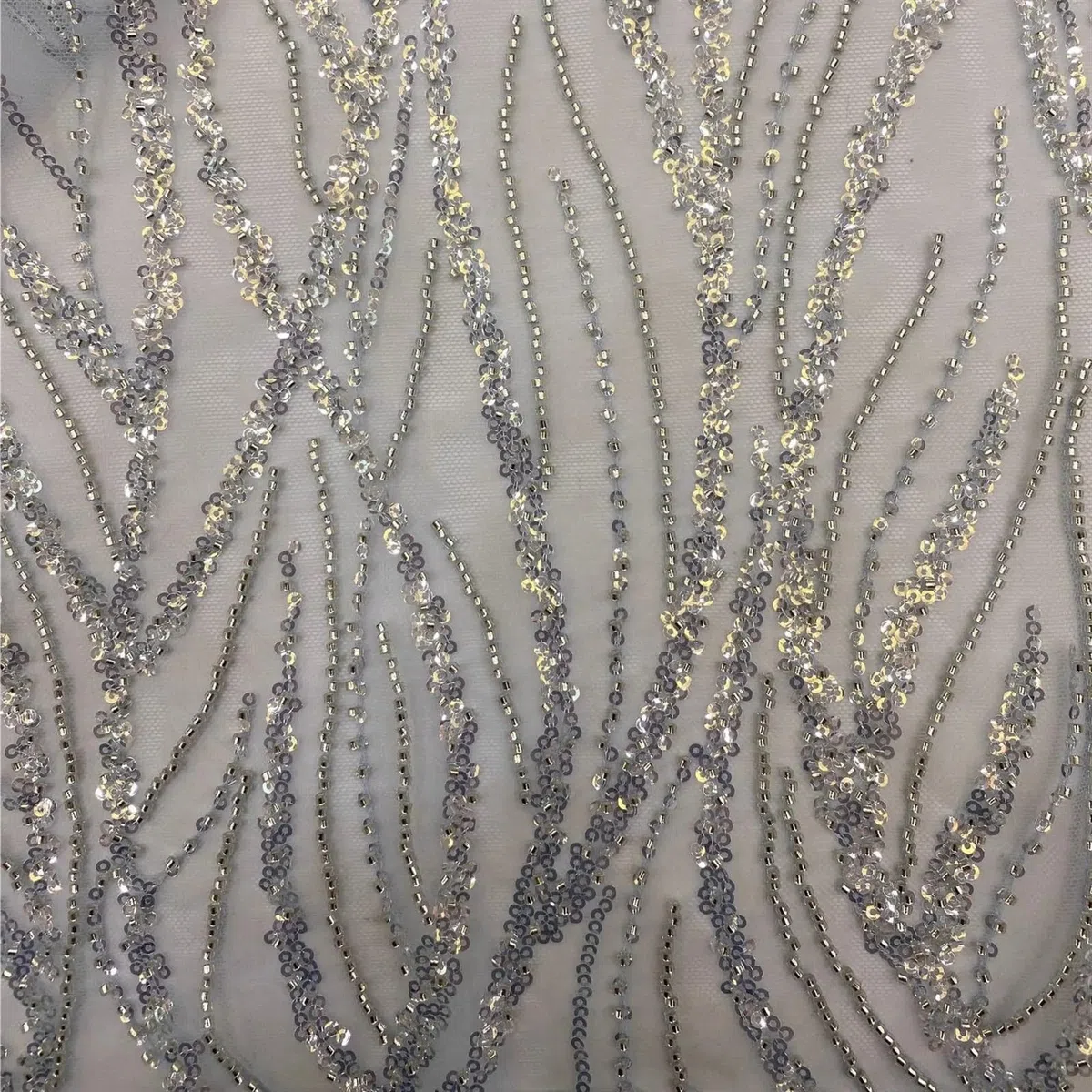 5 Yards Embroidered Tulle Lace Fabric | Tube Lace With Silver Beads 3cm Sequins Multicolor For Sewing(Light Blue)