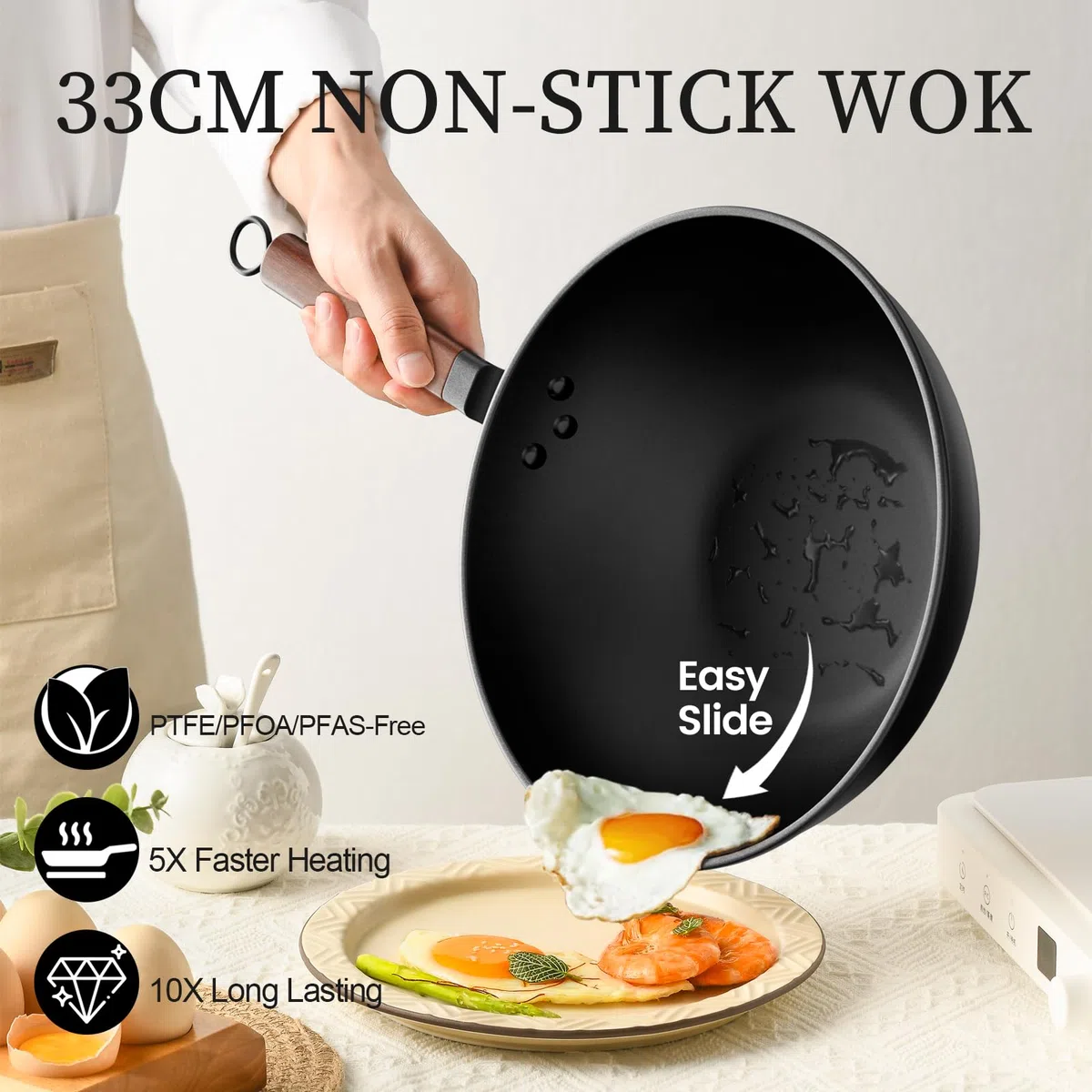 Jobin 33cm/13inch Wok de Acero al Carbono Premium con Tapa de Vidrio - Wok sin Revestimientos Químicos para Cocina Asiática, Compatible con Inducción, Gas, Vitrocerámica y Placas Eléctricas